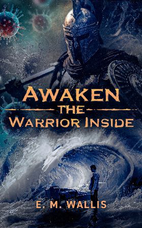 Book cover, a warrior towering over a tidal wave which envelopes a hospital bed with a sick child on it, father looking over.