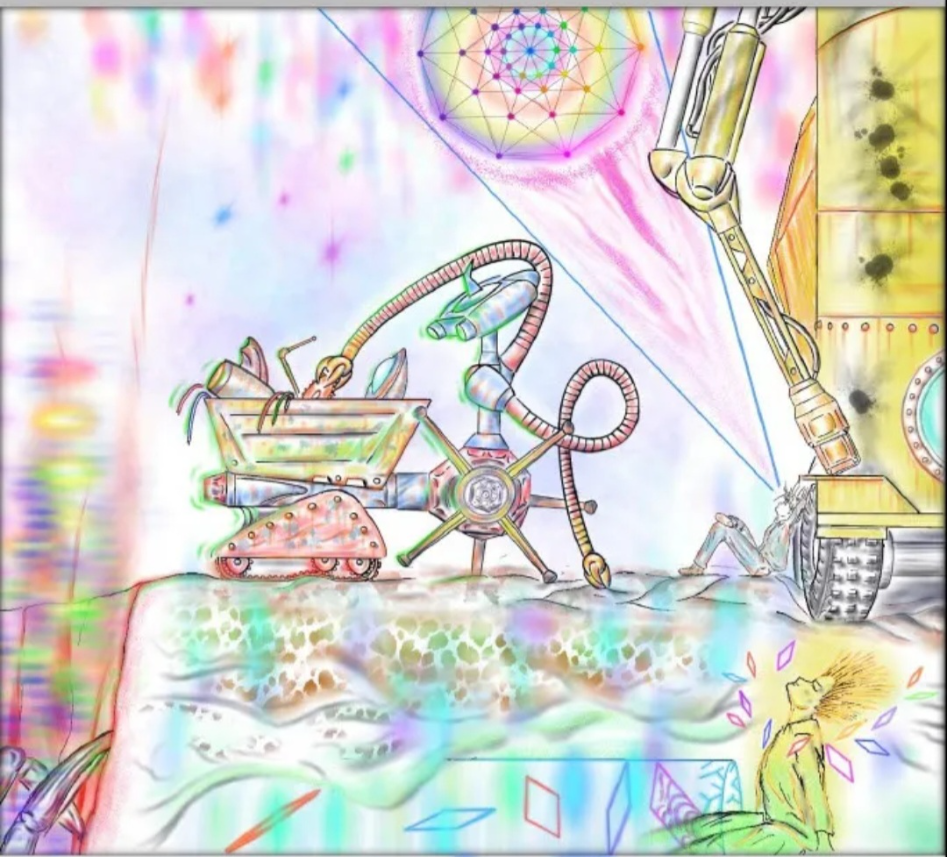 A colorful, quiet scene of two large robots working in a junkyard. A boy rests against one robot gazing up at a psychedelic sky.